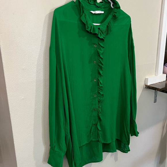Zara ruffle trim button down oversized shirt green - Picture 10 of 12